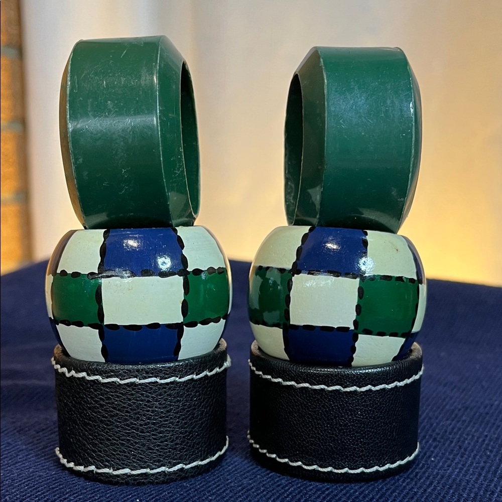 Set of 6 Vintage Retro Napkin Rings Green Blue Checkerboard MCM Table Decor
